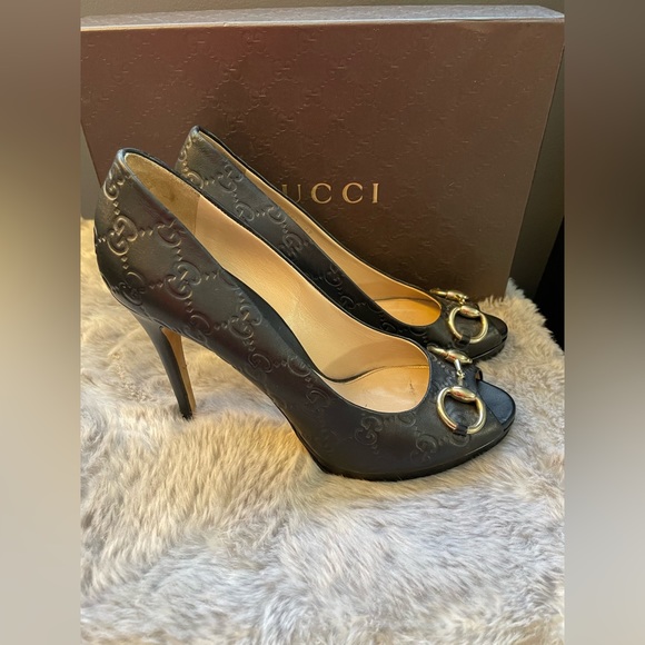 Gucci Black Leather Horsebit Peep Toe Heels - Picture 7 of 8